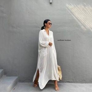 Boho White Beach Coverup, Summer Maxi Swimsuit Dress, One Size Cotton Shirt, Bik